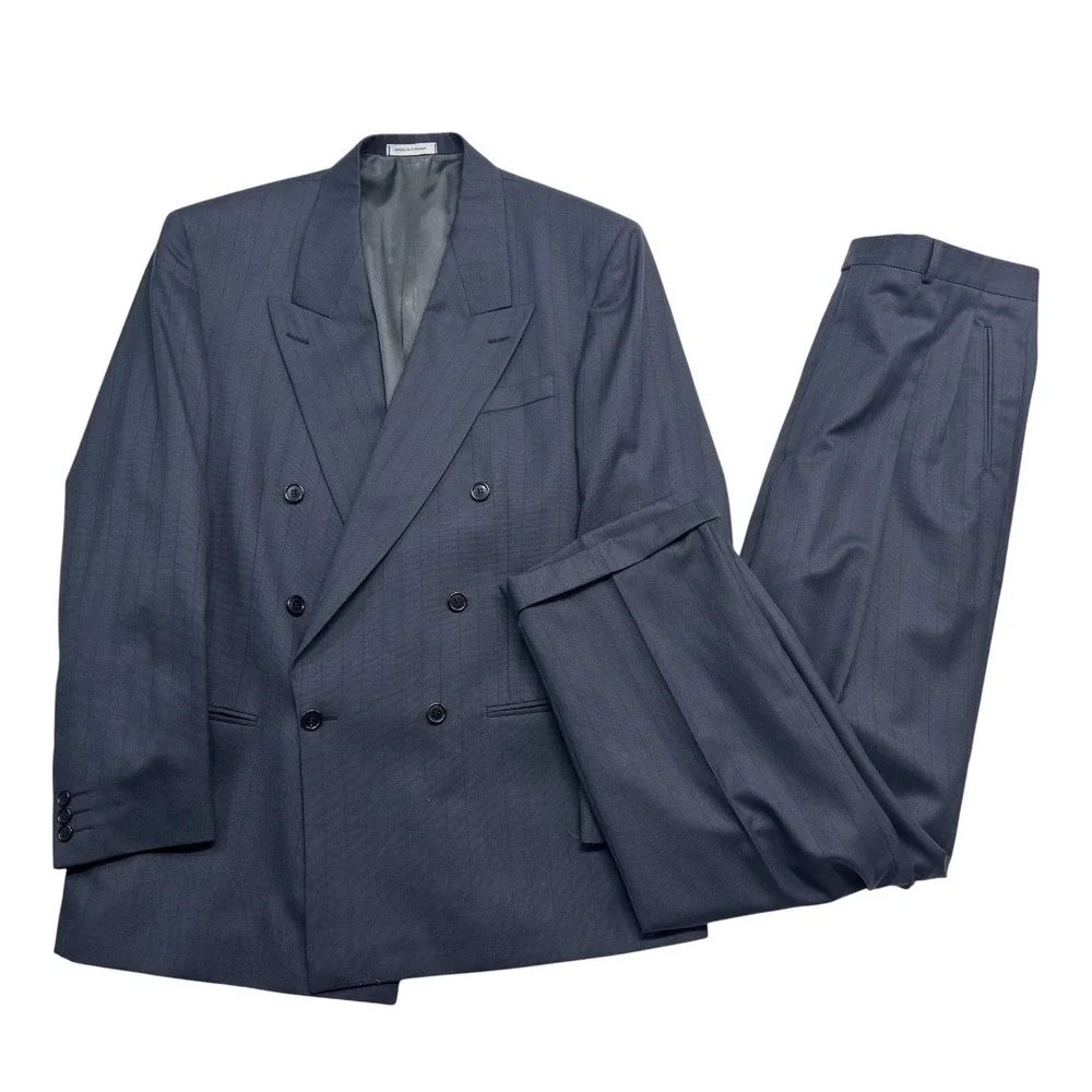 vtg 90s Yves Saint Laurent 42L 36x32 Navy Double Breasted 2pc Pant Suit Wool